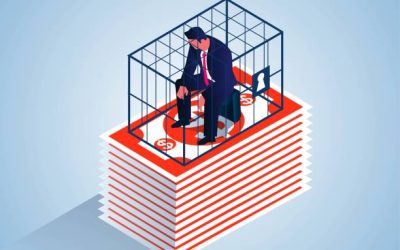 Businessman trapped in money cage, business scam, debt crisis, white collar business crime