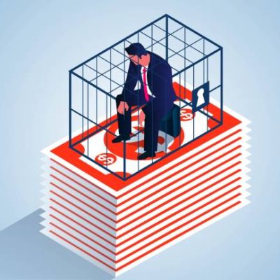 Businessman trapped in money cage, business scam, debt crisis, white collar business crime